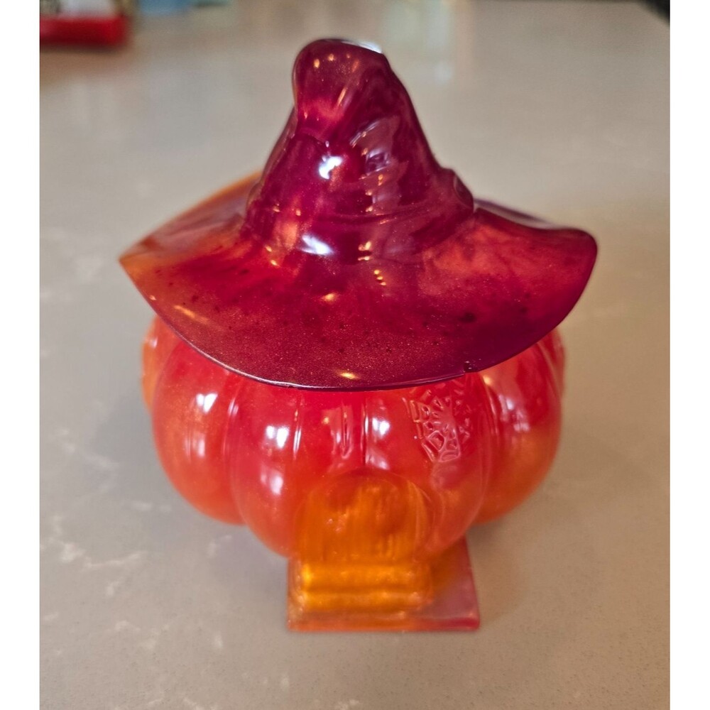Resin Witch Hat Pumpkin House Trinket Box Orange Red Gothic Halloween Handmade